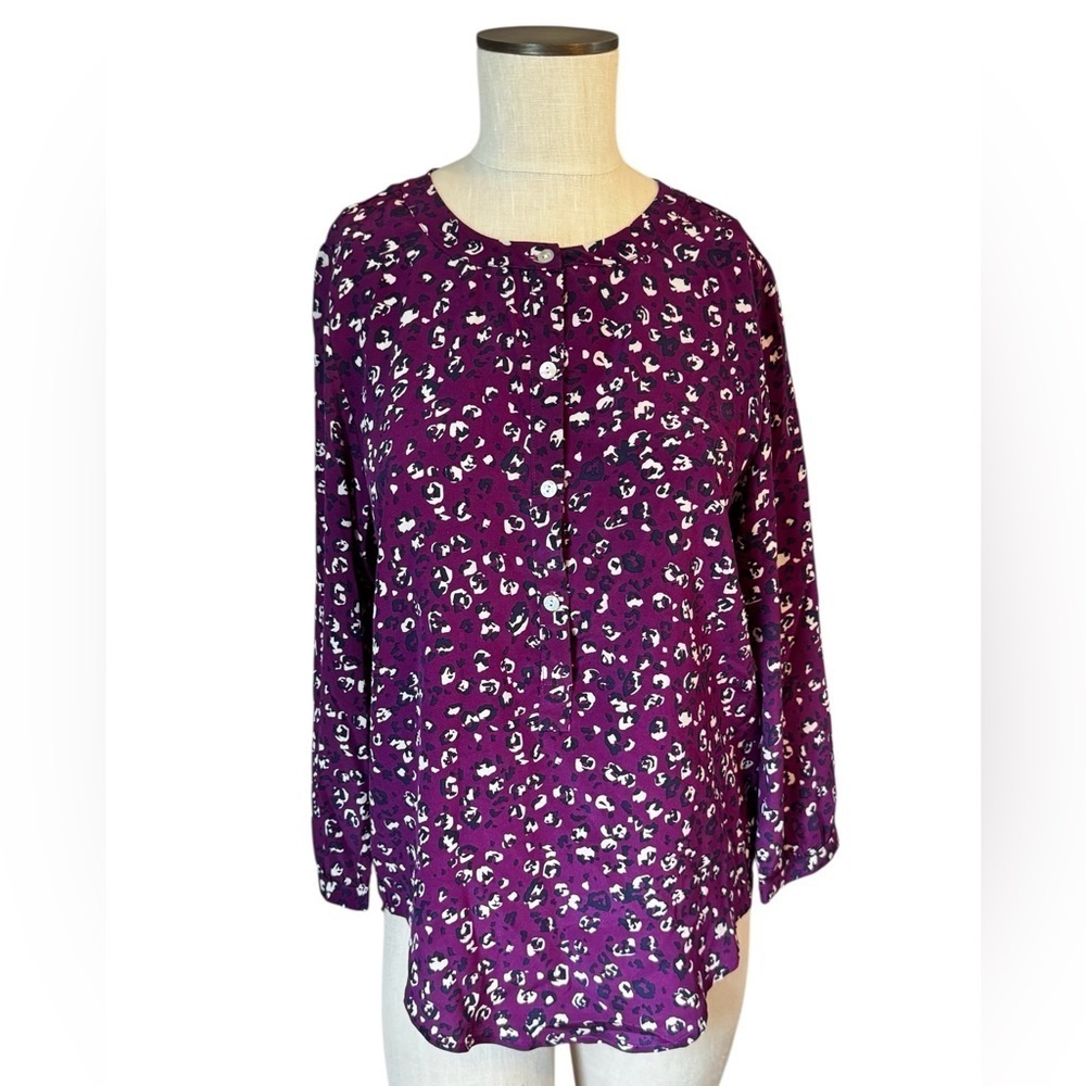 Amour Vert 100% Silk Royal Purple Button Front Long Sleeve Long Blouse Sz S